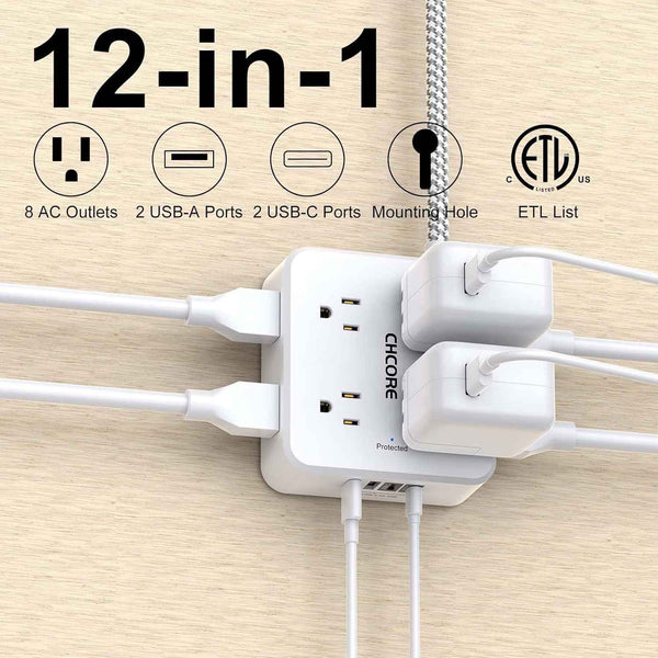 CHCORE 5Ft braided extension cord surge protector with 8 outlets and 4 usb charging ports, 2 usb c, flat plug, white