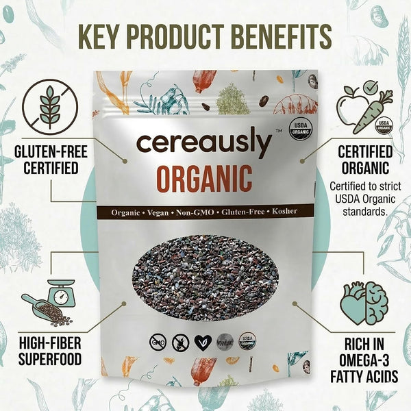 Organic Black Chia Seeds 4 lb Bulk – High Fiber Omega-3 Superfood, Non-GMO, Gluten Free, Vegan, Kosher, Whole Chia Seeds for Smoothies, Chia Pudding, Overnight Oats & Baking – Cereausly
