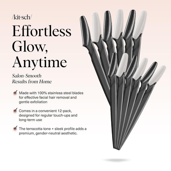 kitsch dermaplane razor for women face - black, 12 pc set - exfoliating facial razor for smoother skin