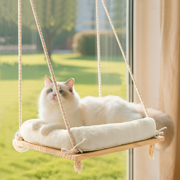 Rustic cat hammock bed with solid wood seat and heavy duty suction cups for large cats