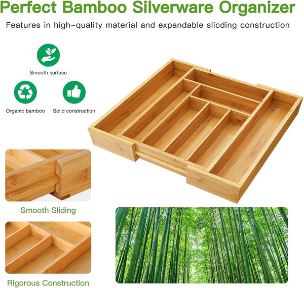 Bamboo Expandable Silverware Drawer Organizer for Kitchen Utensils and Storage