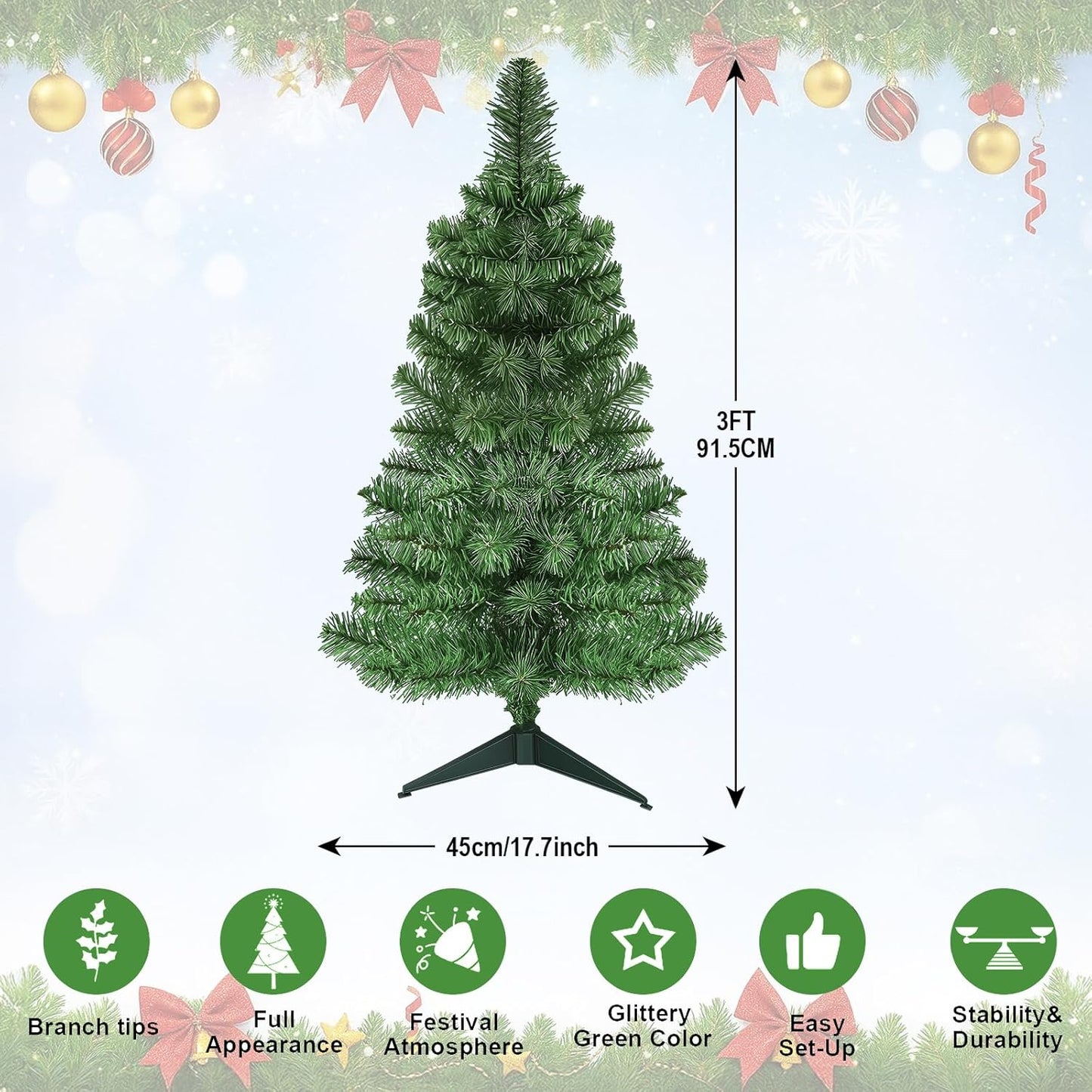 3Ft Premium Artificial Small Mini Christmas Tree for Tabletop,Home, Office, Indoor and Outdoor Decor,Holiday Decoration,Easy Assembly Metal Hinges & Foldable Base 160 Branch Tips Green Tree