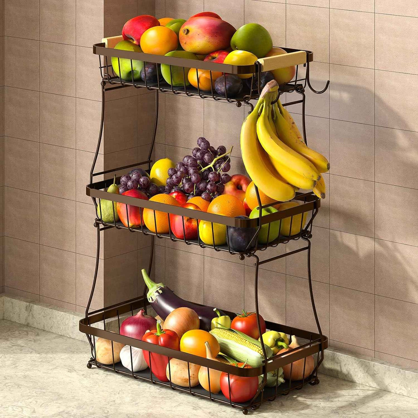 2 Tier Fruit Basket for Kitchen Counter with 2 Mobile Banana Hangers, 2025 Pro Detachable Metal Fruit Bowl with Wooden Handle, Fruit Holder for Bread Snack Veggies with Protective Mats