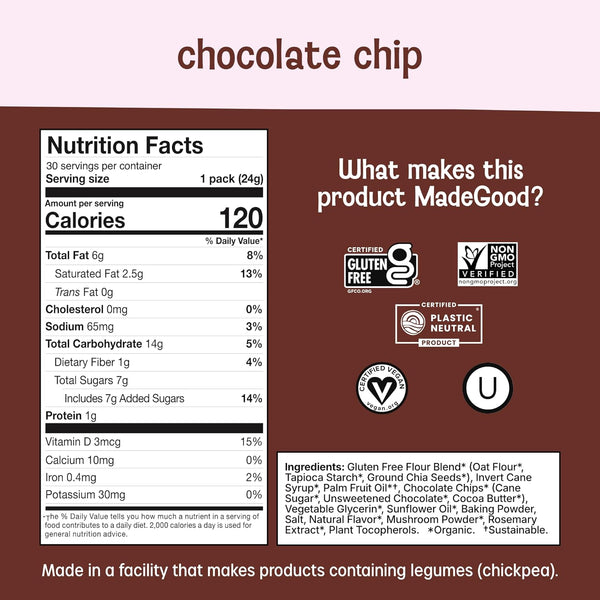 Gluten-free chocolate chip mini cookies for school snacks, 30 count