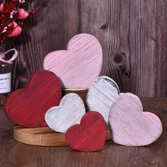 6PCS Valentine's Day Wooden Heart Block Set, Rustic Valentines Day Decorations for Tiered Tray Decor, Candy Heart Valentines Table Decor, Wooden Hearts Decor for Valentine's Day Centerpiece (6PCS)