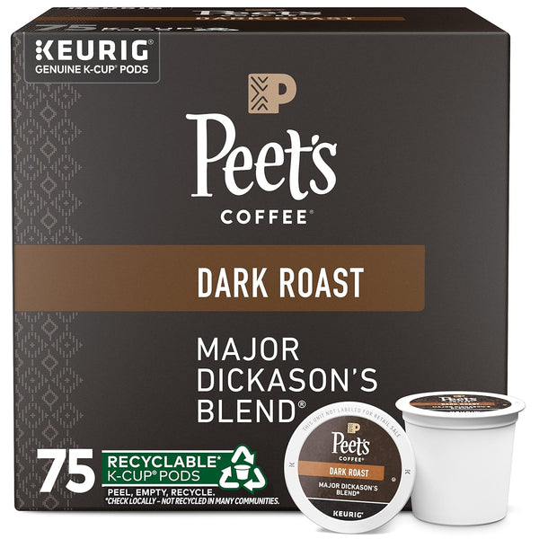 Peet's Coffee Major Dickason's Blend Dark Roast Keurig K-Cup Pods, 75 count, 100% Arabica, recyclable