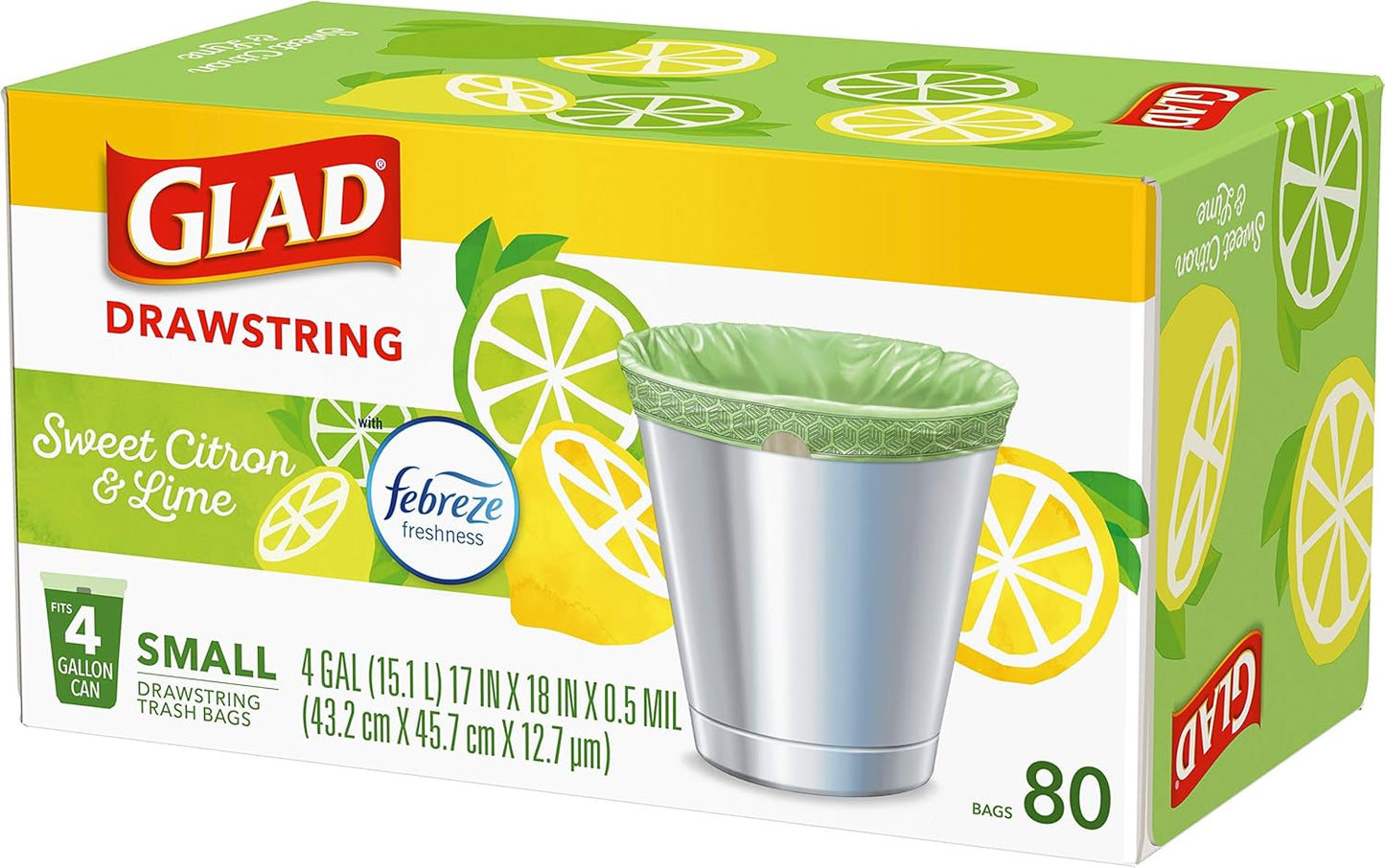 Glad Small Trash Bags 4 Gallon, Febreze Sweet Citron & Lime Garbage Bags, Odor Resistant with Drawstring, 80 Count