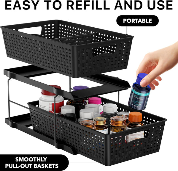 2 Tier Bathroom Organizer Tray with Sliding Drawer and Under Sink Storage
