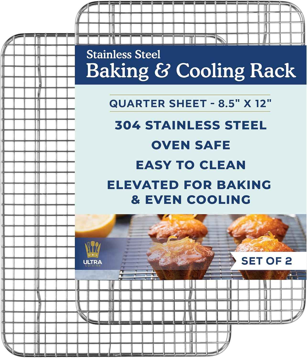 Ultra Cuisine Oven-Safe, Dishwasher-Safe 100% Stainless Steel Cooling and Baking Rack Set Heavy Duty Tight-Wire - 11.5 x 16.5-inch - Set of 2 - Half Sheet Pan Cooling Racks