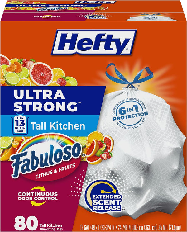 Hefty Ultra Strong 13 Gallon Trash Bags, Tall Kitchen Trash Bags 13 Gallon Size, Resist Leaks, Punctures, and Rips, Continuous Odor Control, White, Fabuloso Lavender Scent, 80 Bags
