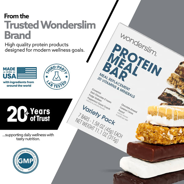 WonderSlim Meal Replacement Protein Bar Variety Pack 15g Protein 20 Vitamins and Minerals