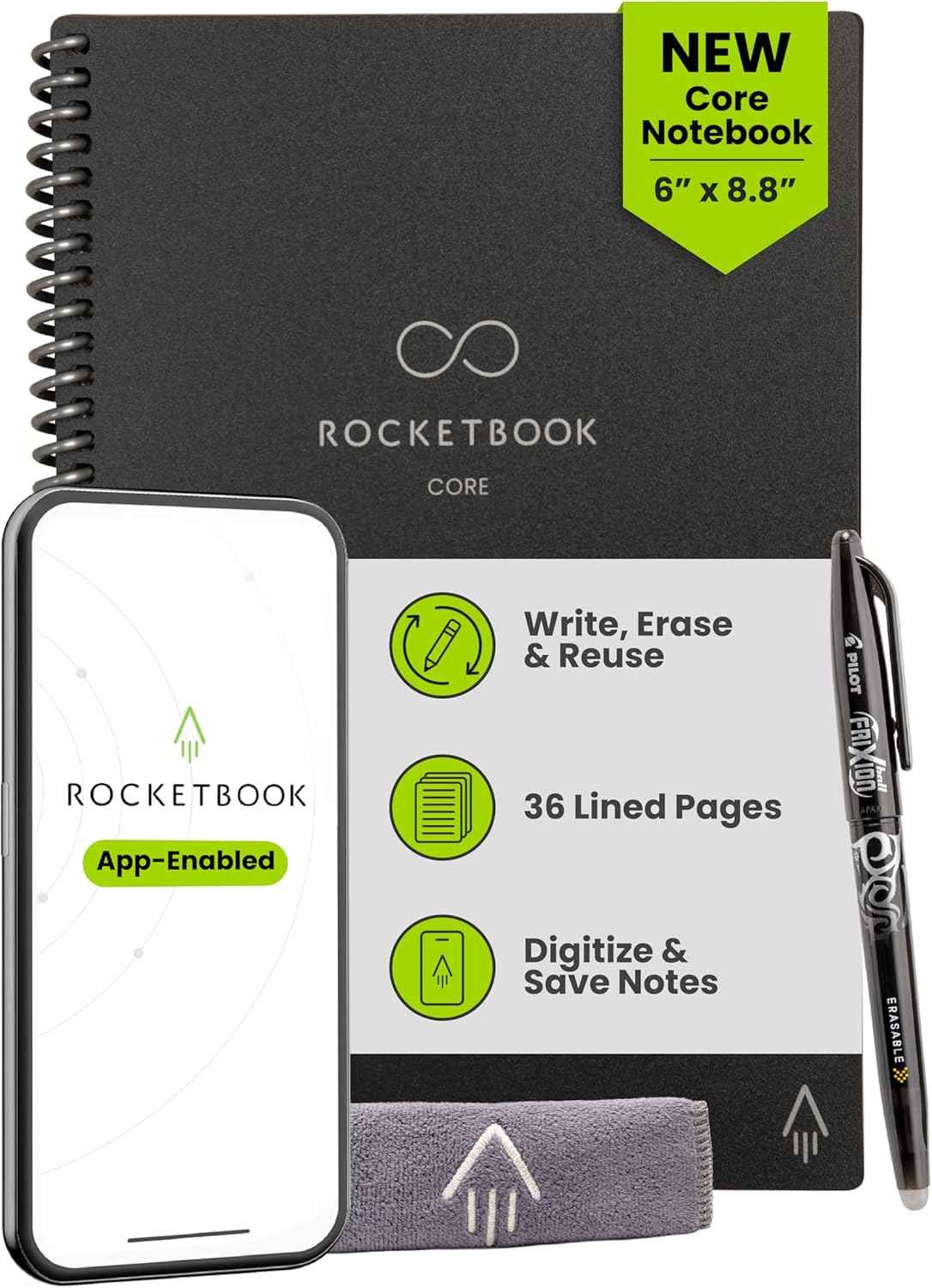 Rocketbook Core Reusable Smart Notebook, Lined Pages For School, Work and Creative Projects, Letter Size 8.5x11, Black - Premium