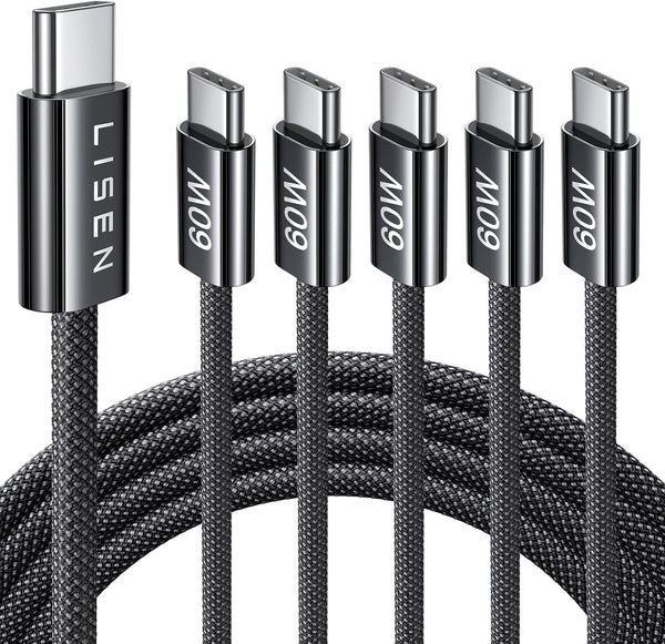 Lisen 5-pack usb c to c cable, 60w fast charging, 10ft for iphone 17, ipad, galaxy s25/s24