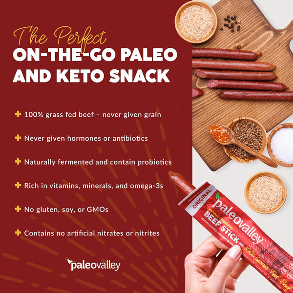 Paleovalley 100% Grass Fed Beef Sticks - Gluten Free Beef Snack - High Protein Keto Friendly