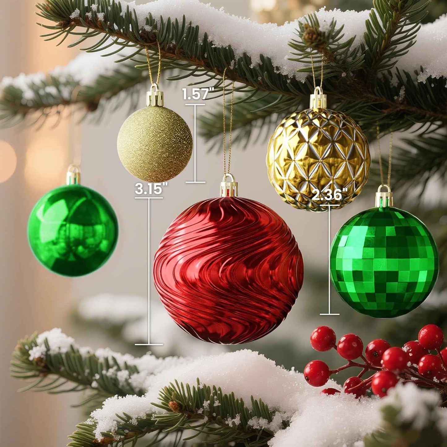 Annecy Christmas Tree Ornaments - 36 PCS Shatterproof Christmas Ball Ornaments Set for Holiday, Wreath & Party Decorations (Multi-Size, Red, Green, Gold)