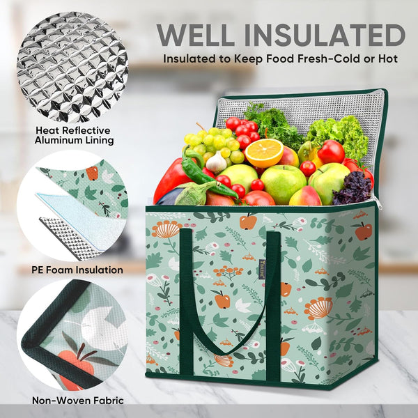BALEINE 2Pk Insulated Reusable Grocery Bags, Collapsible Cooler Bag for Groceries, Heavy Duty Large Insulated Bag (16''x9''x13'', Spring Stroll)