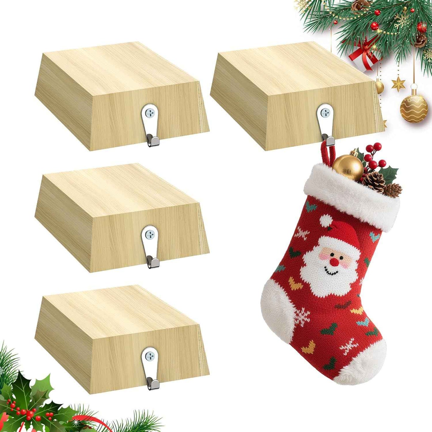 4 Pack Wooden Christmas Stocking Holders for Mantle, Christmas Stocking Hangers with Removable Tapes, Stocking Hook Christmas Ornaments for Mantle, Windows, Fireplaces Decoration