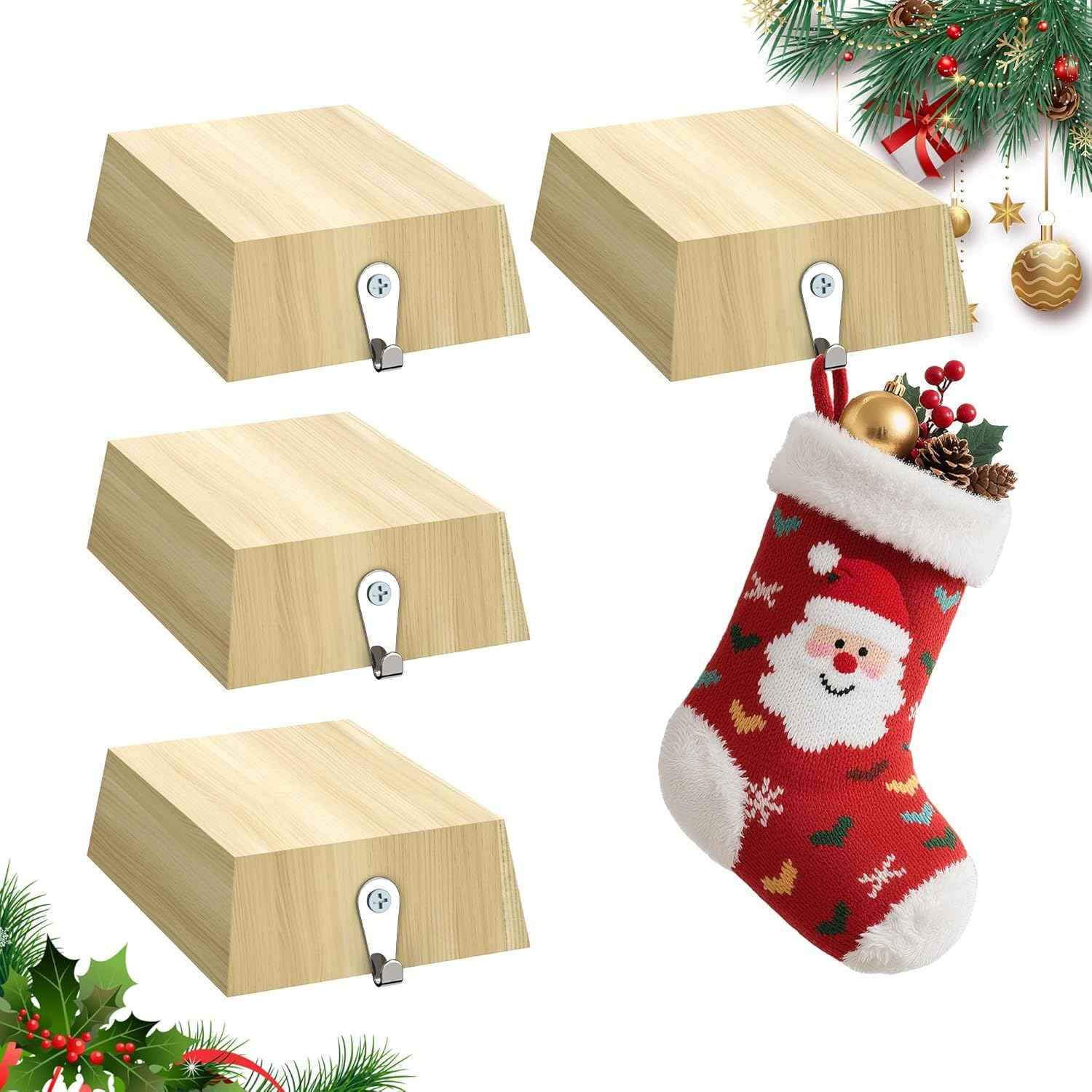 4 Pack Wooden Christmas Stocking Holders for Mantle, Christmas Stocking Hangers with Removable Tapes, Stocking Hook Christmas Ornaments for Mantle, Windows, Fireplaces Decoration