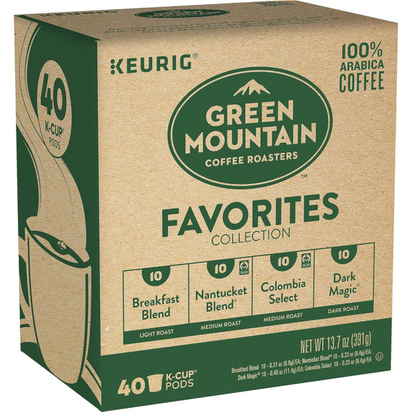 Green Mountain Coffee Roasters Favorites Collection includes 4 boxes of K-Cup pods with light, medium, and dark roasts