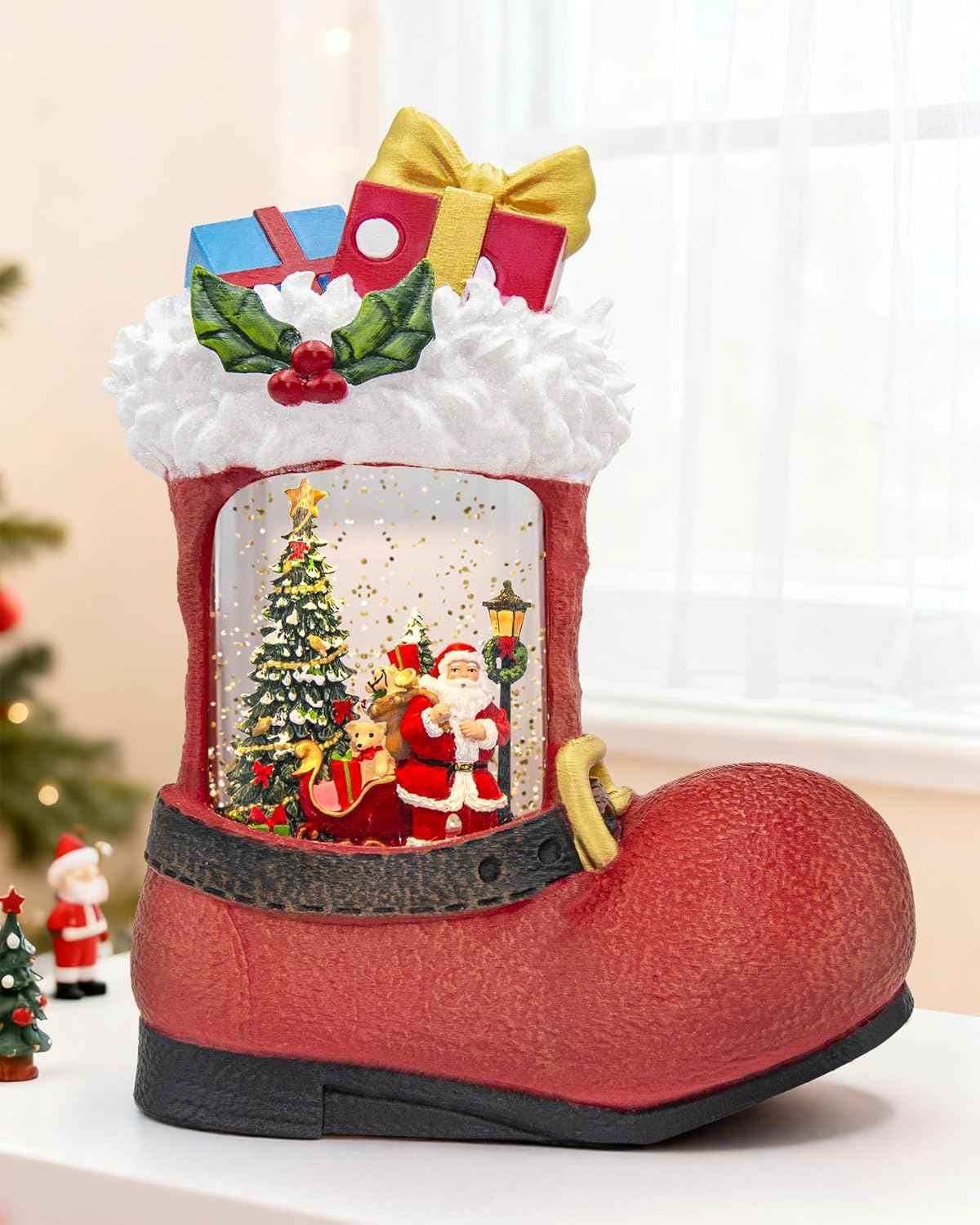 Christmas Santa Snow Globe Light up Lantern with 8 Songs, 9.17" Red Christmas Snow Globes for Kids Adults, 6H Timer & Dual Power, Snowglobes Christmas Decorations Indoor, Gifts for Women Men