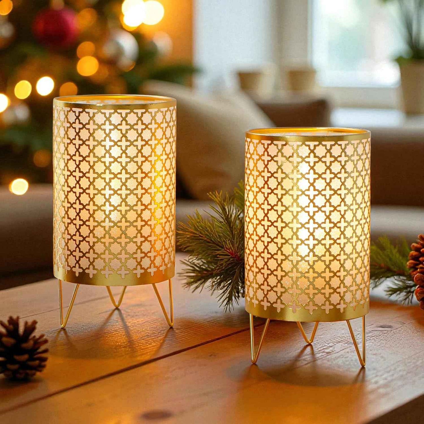 TRIROCKS Christmas Candle Lantern 7" H Etched Metal Candle Holder Christmas Decorations for Living Room Kitchen Tabletop Parties Patio Outdoors Indoors(3PCS;Bronze House)