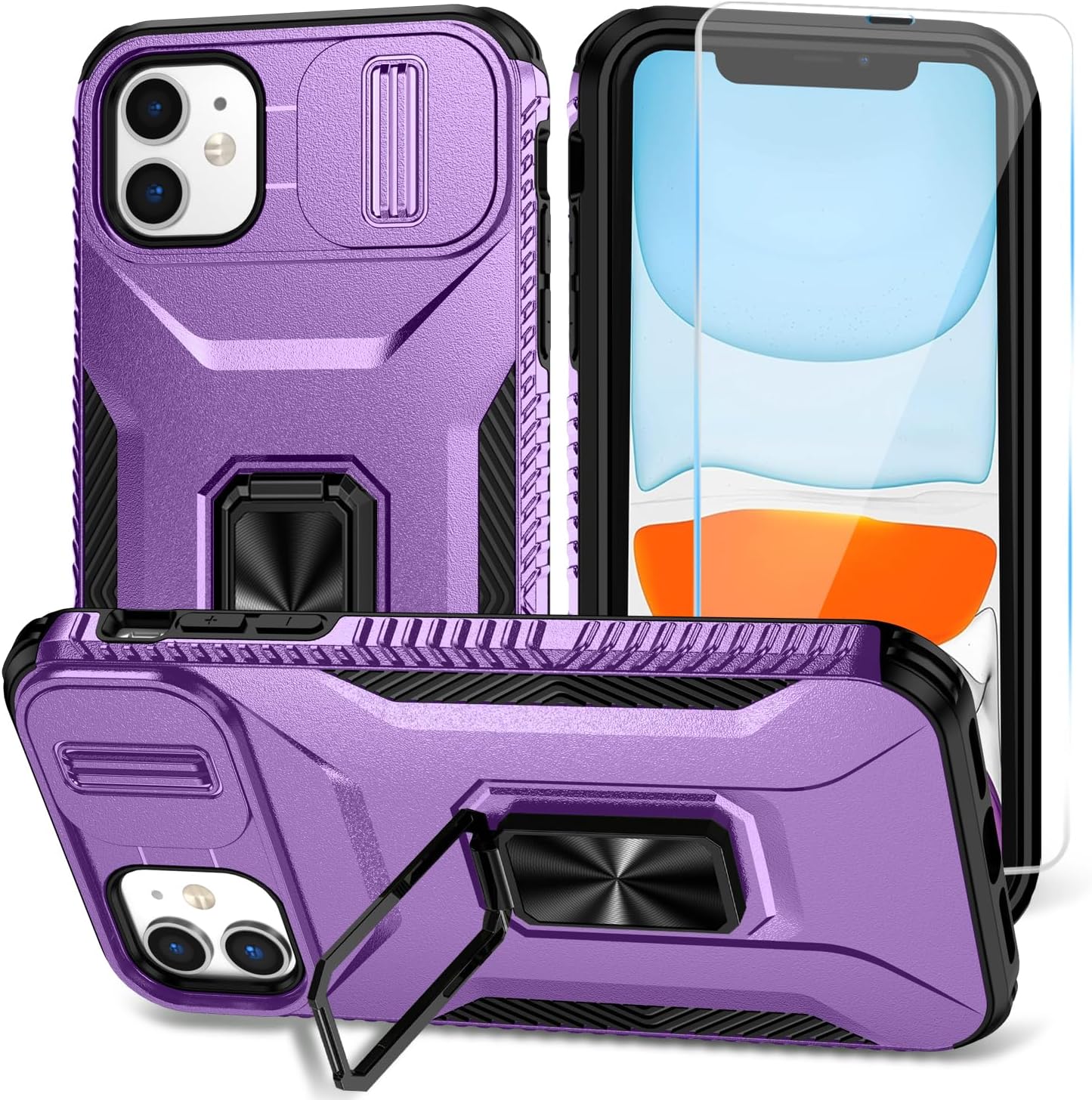 SunStory Phone Case for iPhone 16 6.1" with HD Screen Protector | Slide Camera Cover | Rotated Ring Kickstand | Military-Grade Protection | Red
