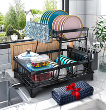 2-Tier Dish Rack with Auto-Drain and Mat for Kitchen Counter