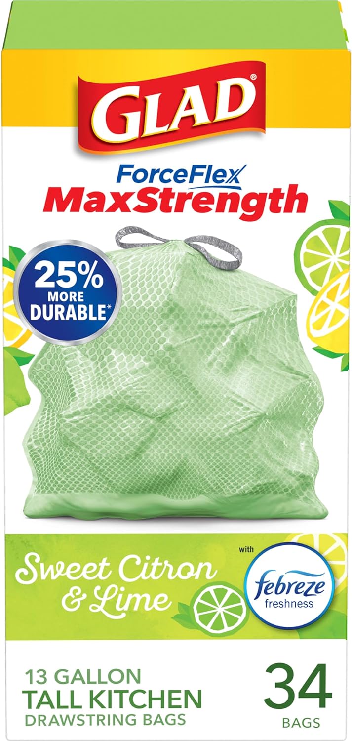 Glad Tall Kitchen Trash Bags 13 Gallon, MaxStrength Cherry Blossom Garbage Bags, Drawstring, 90 Count