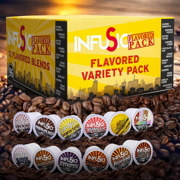 InfuSio Flavored Coffee Pods Variety Pack, 96 Count, 12 Medium Roast Blends, Compatible with Keurig K-Cup 2.0 Brewers
