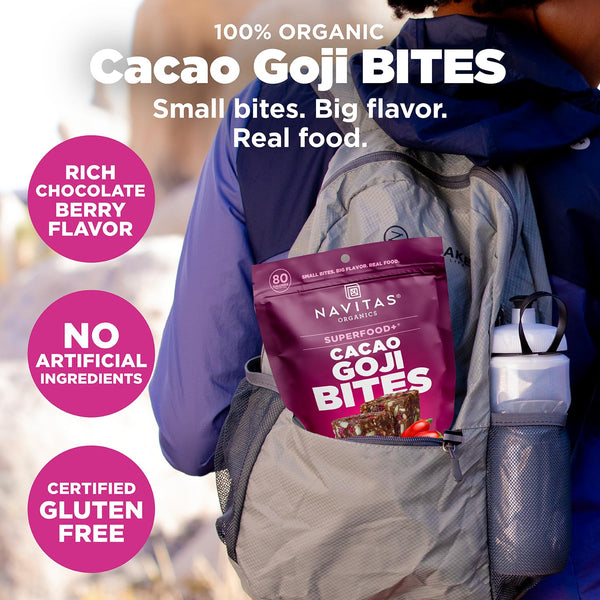 Navitas Organics Cacao Goji Superfood+ BITES are all natural plant-based power snacks with clean energy and nutrition.