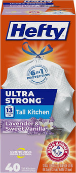 Hefty Ultra Strong 13 Gallon Trash Bags, Tall Kitchen, Drawstring Closure, Odor Control, White, Lavender, Sweet Vanilla, 80 Count