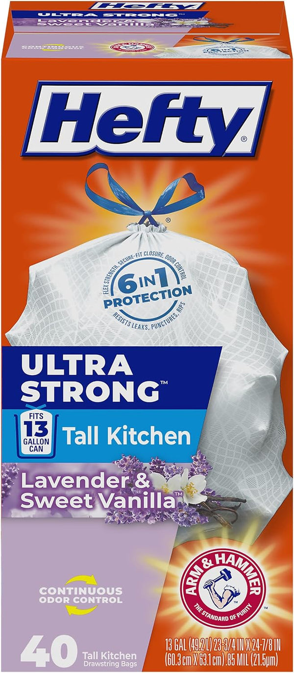 Hefty Ultra Strong 13 Gallon Trash Bags, Tall Kitchen, Drawstring Closure, Odor Control, White, Lavender, Sweet Vanilla, 80 Count