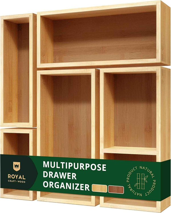 ROYAL CRAFT WOOD 5-Piece Bamboo Drawer Organizer Set, Multi-Use Storage Trays for Kitchen, Bathroom, Office, Makeup, Jewelry & More, 5 Storage Boxes