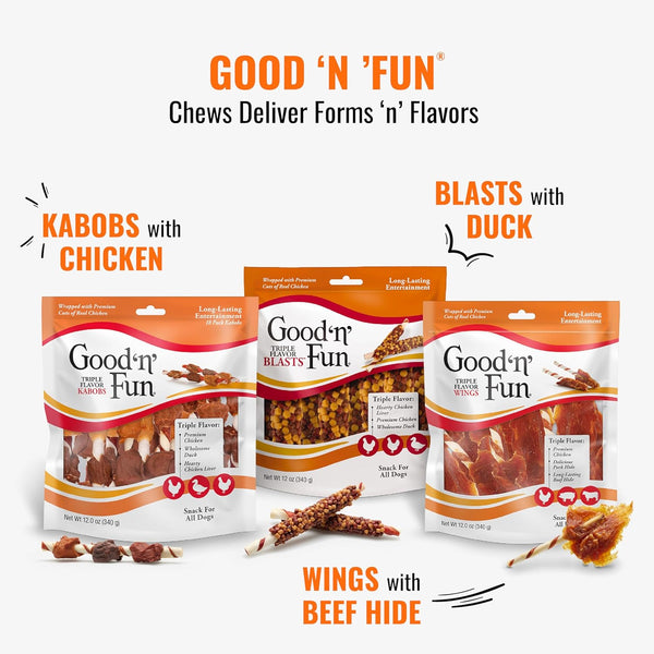 Good 'n' Fun Triple Flavor Kabobs Chews for All Dogs, 24 Ounces, with Beef Hide, Chicken, and Duck