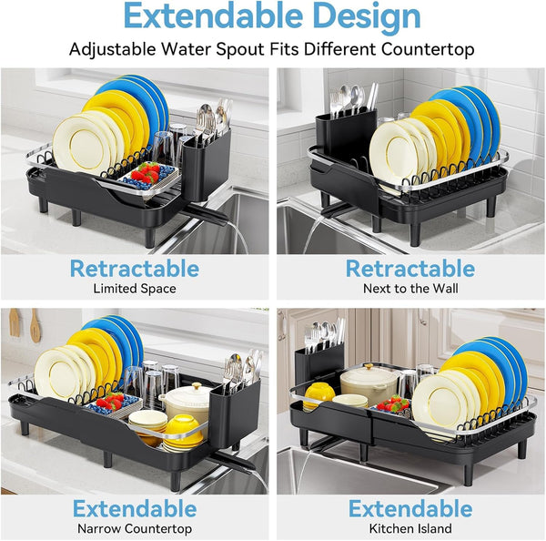 Expandable stainless steel dish rack for kitchen counter with adjustable water spout