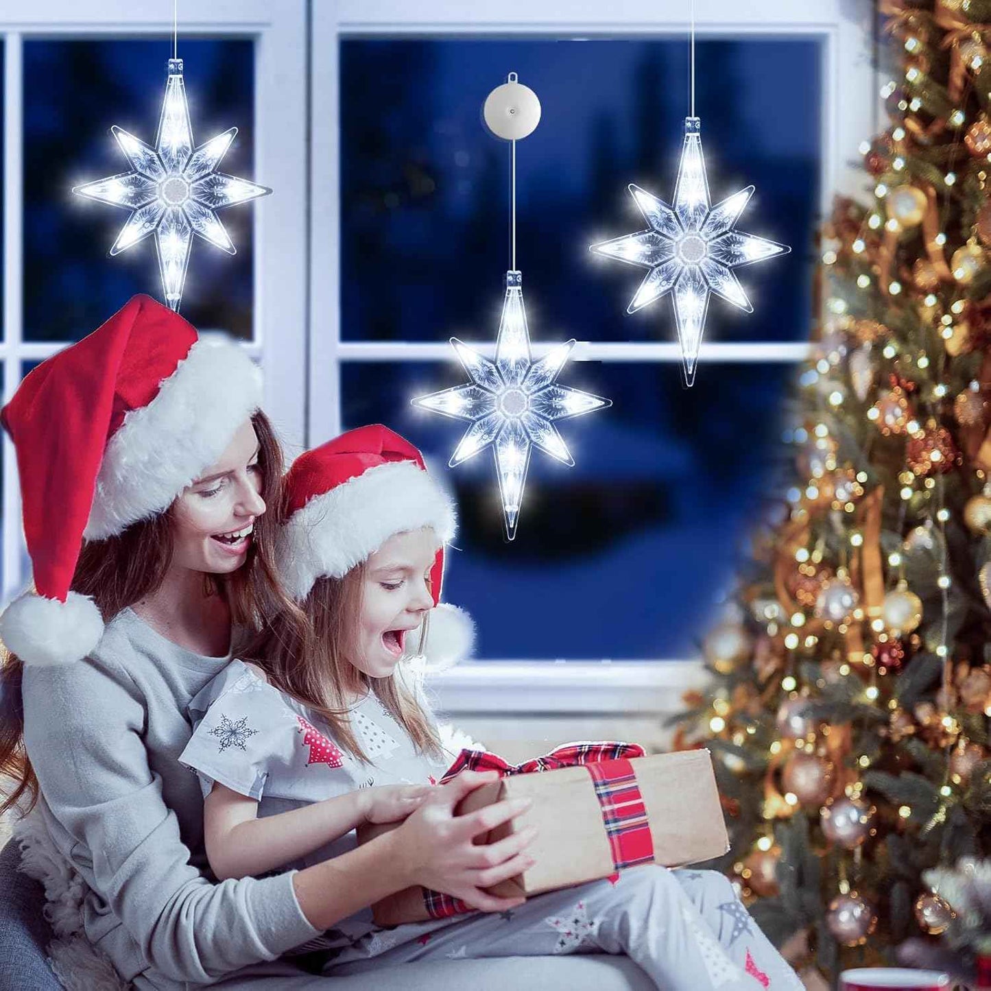 3Pcs Christmas Window Lights Decorations with Timer,Battery Powered Christmas Window Hanging White Lighted Lucky Star Shaped LED Sucker Lamp for Xmas Tree Fireplace Window Indoor Outdoor Decor