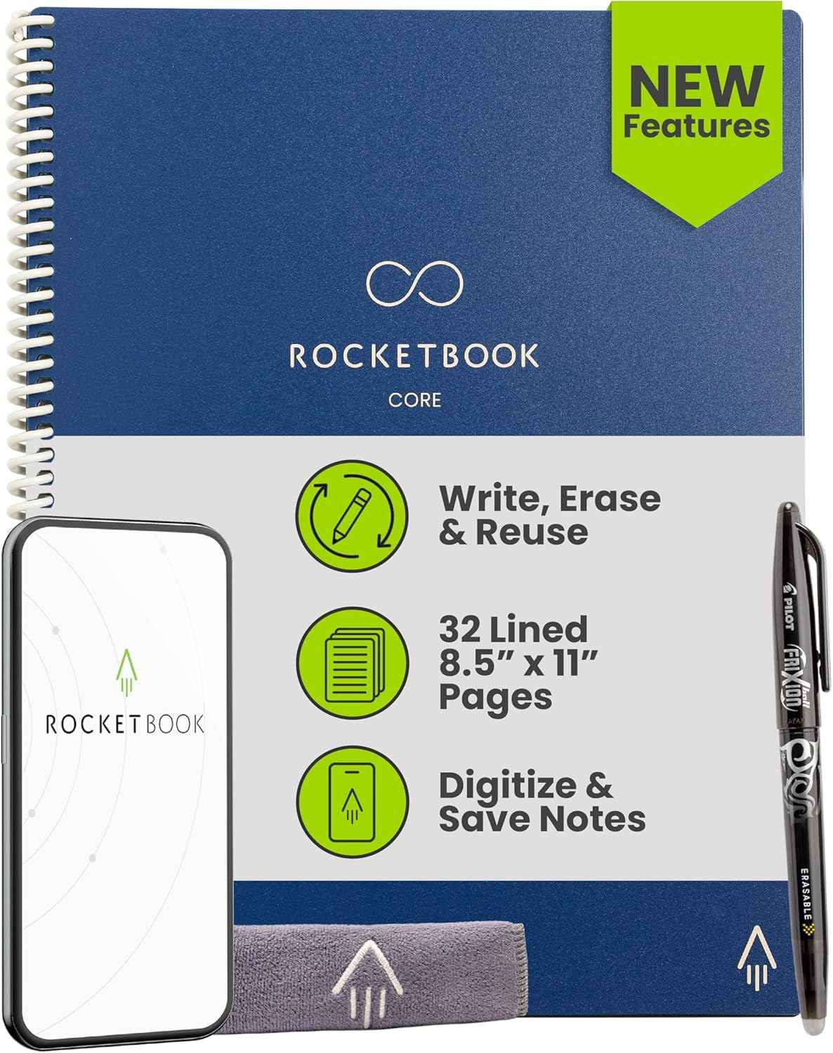 Rocketbook Core Reusable Smart Notebook, Lined Pages For School, Work and Creative Projects, Letter Size 8.5x11, Black - Premium