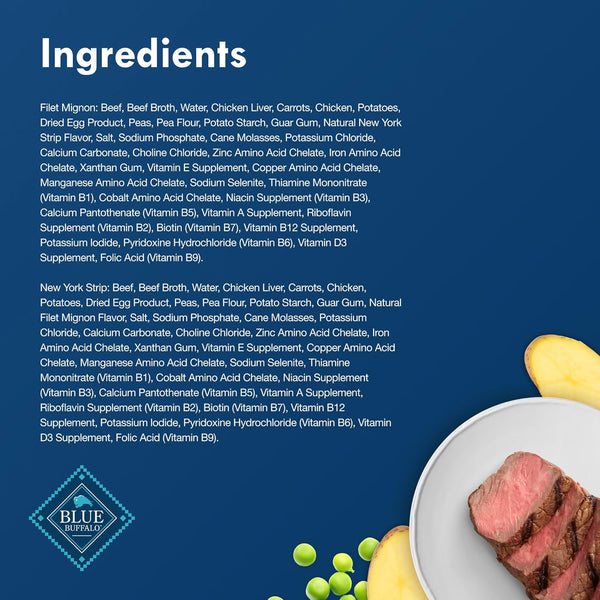blue buffalo delights natural adult small breed wet dog food, variety pack, made with natural ingredients, filet mignon & new york strip recipe