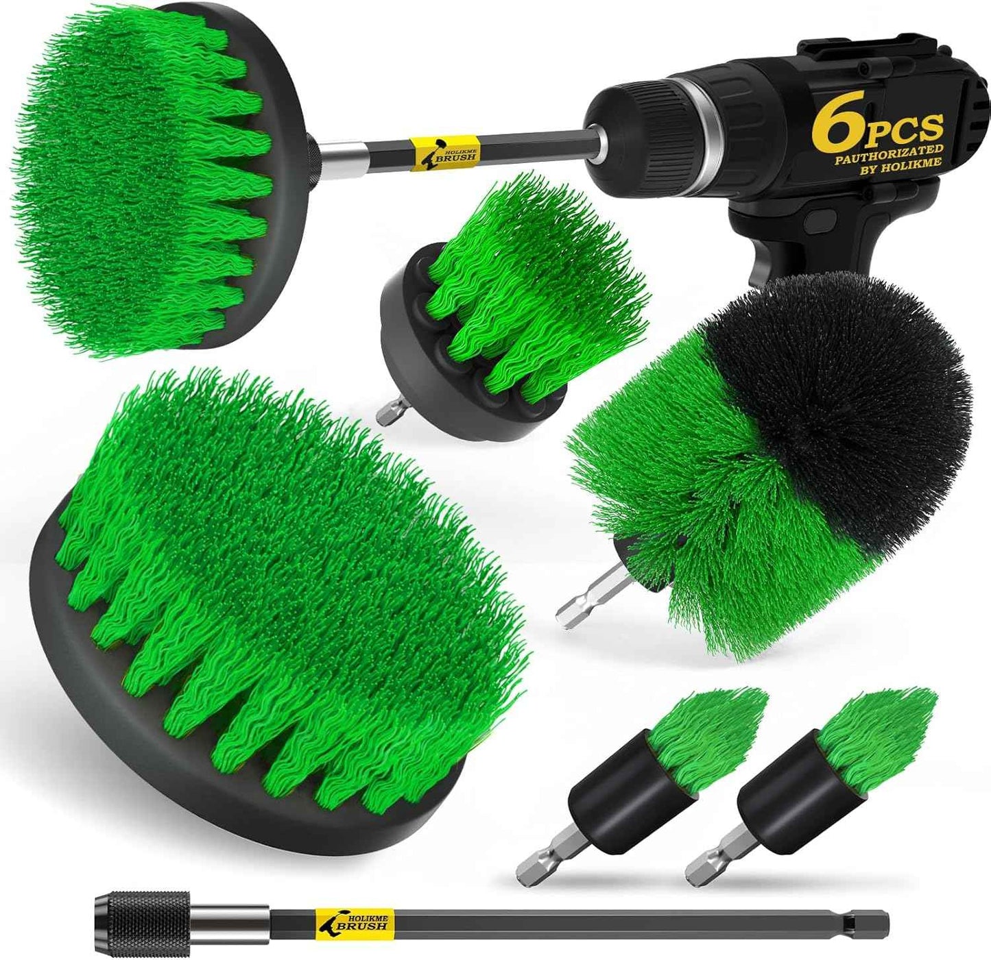 Holikme 6Pack Drill Brush Power Scrubber Cleaning Brush Extended Long Attachment Set All Purpose Drill Scrub Brushes Kit for Grout, Floor, Tub, Bathroom and Kitchen Surface,Scratch Brushes（Yellow）