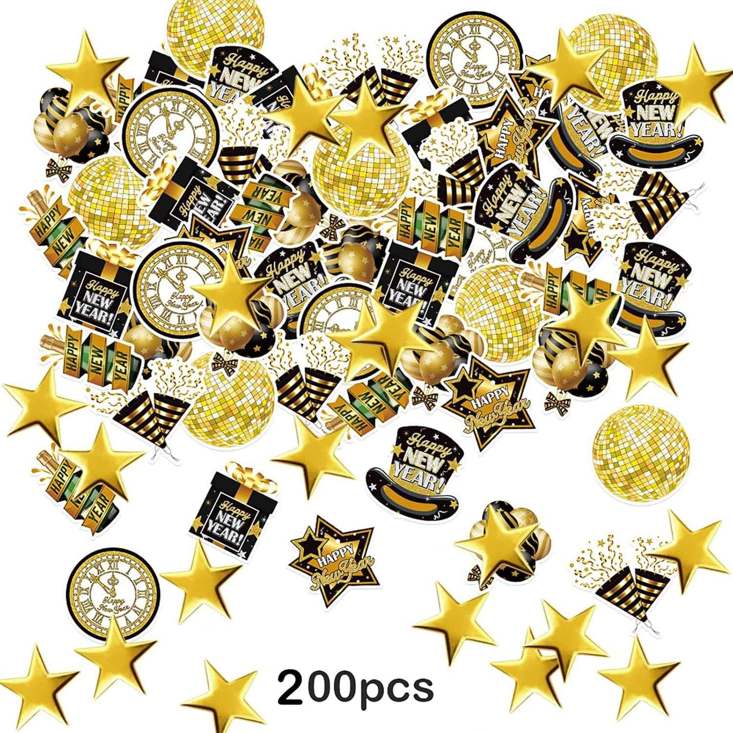 New Years Eve Party Decorations 2026,Happy New Years Decorations Black and Gold Confetti,200pcs Black Gold New Year's Eve Glitter Table Confetti Centerpiece Gold Stars for Clock Disco Ball Design