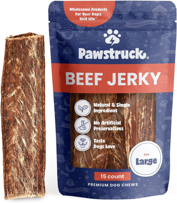 Pawstruck Premium Beef Jerky Dog Chews, 4"-6" Strips, 15 Count