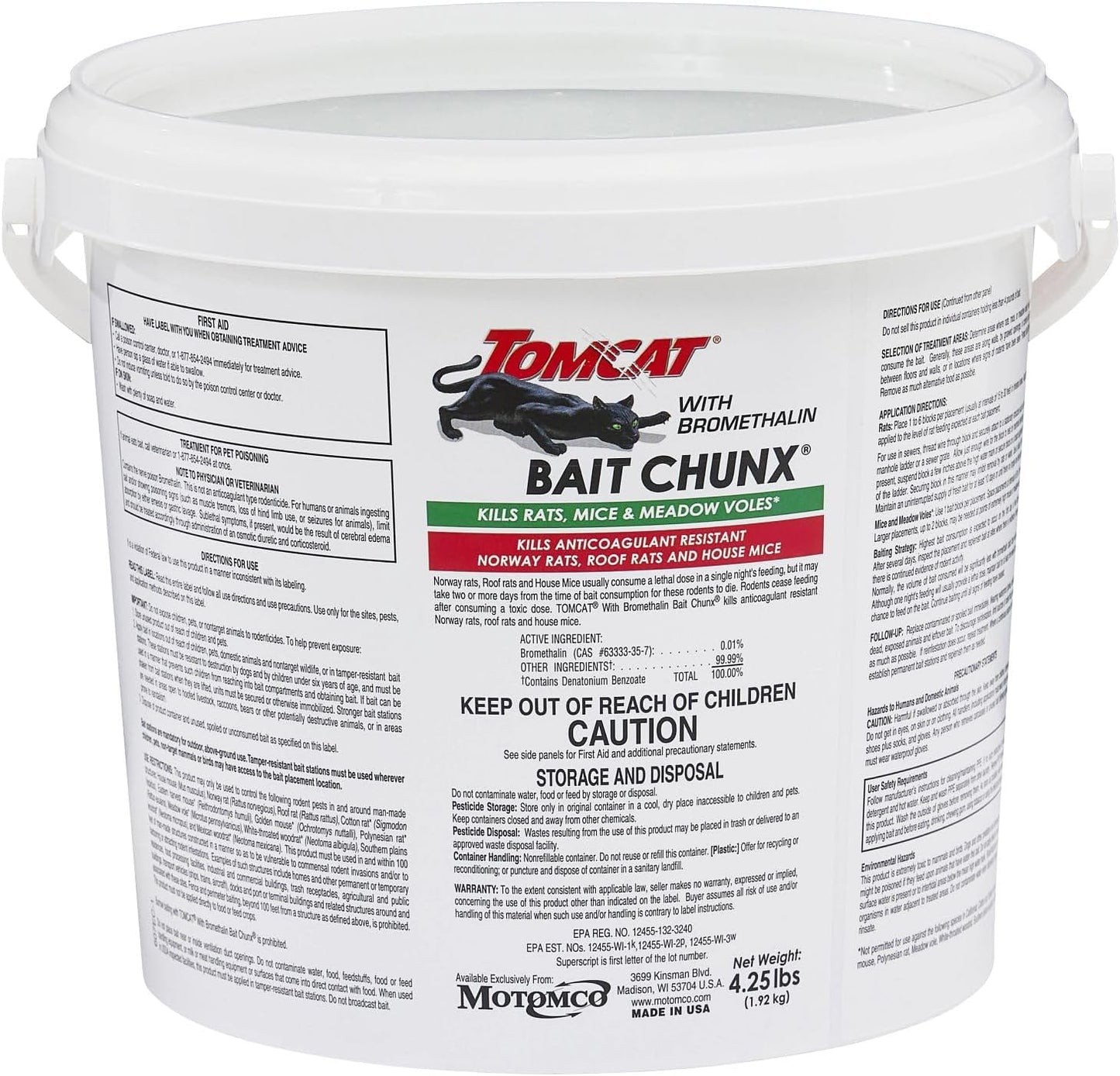 Tomcat with Bromethalin Bait Chunx Pail, Rat and Mice Control for Agricultural Use and Professional Applicators, 4.25 lbs.