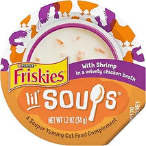 purina friskies grain-free lickable cat food toppers with shrimp in velvety chicken broth, 1.2 oz cups, pack of 8