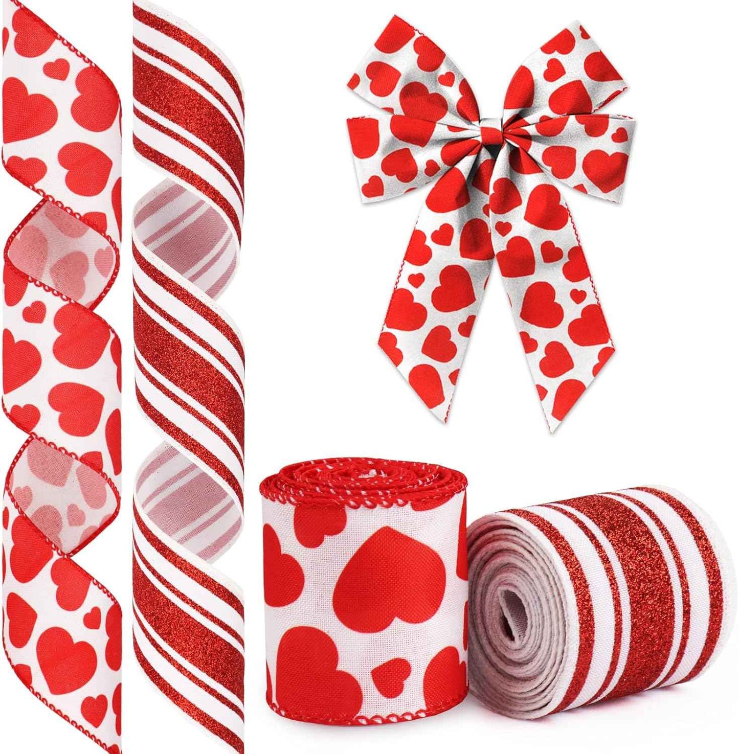Valentine's Day Ribbon for Wreath Bow Wrapping Gifts, Plaid Red Hearts Patterned Ribbon 2.5" X 10 Yard Wired
