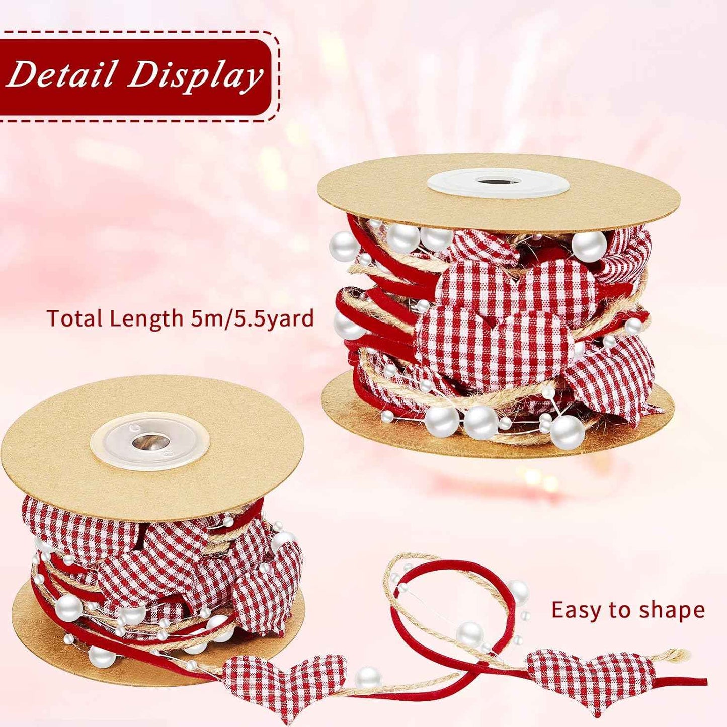 11 Yard/ 2 Rolls Valentine's Day Heart Beads Ribbon Stain Heart Garland Wreath Ribbon for Valentine's Day Wedding DIY Wrapping Crafts Wreath Christmas Tree Sewing Decoration