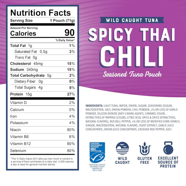 Bumble Bee Spicy Thai Chili Seasoned Tuna Pouch - Wild Caught, Ready to Eat, 15g Protein per Serving, 2.5 oz Packet (Pack of 12)