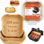 Cosori Air Fryer Liners, 100 PCS Square Disposable Paper Liners, Non-Stick Silicone Oil Coating, Little to No Cleaning, 7.9" Unbleached Food Grade, Resistant to 465°F, Thickened Not Easy to Break