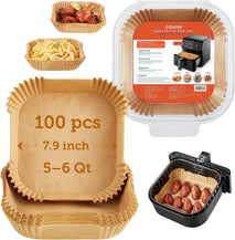 Cosori Air Fryer Liners, 100 PCS Square Disposable Paper Liners, Non-Stick Silicone Oil Coating, Little to No Cleaning, 7.9" Unbleached Food Grade, Resistant to 465°F, Thickened Not Easy to Break