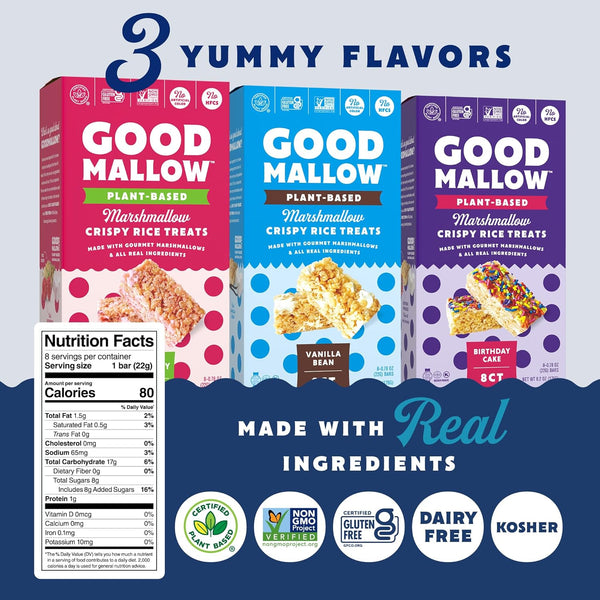 GoodMallow Vegan Rice Crispy Individually Wrapped Box of 8, Kosher, Gluten Free, Dairy Free Snacks