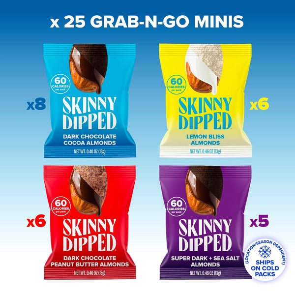 SkinnyDipped Snack Attack Minis Almond Variety Pack, 25 Individually Wrapped Mini Bags